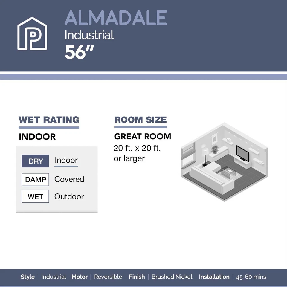 Almadale 56 Inch Contemporary Indoor Ceiling Fan with No Light Pull Chain Mod... - Image 4 of 4