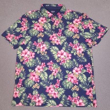 IZOD Golf Polo Shirt Mens Large Blue Pink Tropical Hawaiian Floral Performance