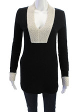 Tory Burch Women V-Neck 100% Cashmere Pullover Sweater Black Long Sleeve Size S