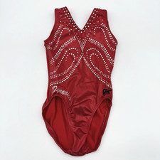 GK Elite Leotard Red AZ Dynamics Gems Rhinestone Gymnastics Child M CM Leo Bling