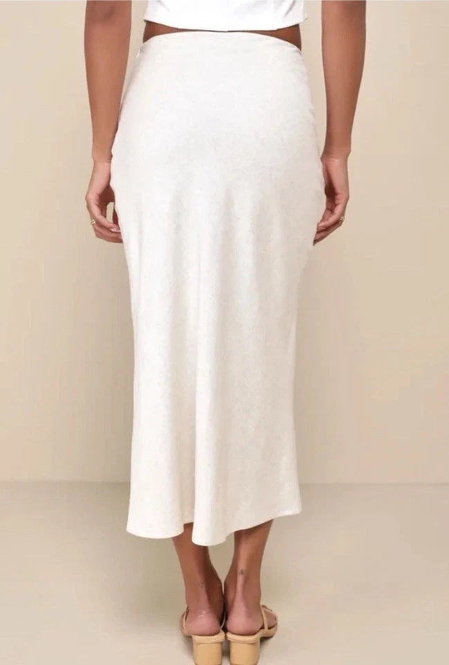 Lulus Midi Skirt Women’s Sz M Summery Cutie Beige Linen High-Waisted Boho Beachy - Image 2 of 4