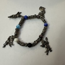 Four Charm Angels Bracelet Multi-colored Beads Silver-tone Metal Stretch To Fit