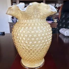 Stunning Vintage Fenton Ruffled Honey Amber Overlay English Hobnail Vase-6.25”