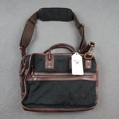 Will Leather Goods Canvas Leather Briefcase Messenger Laptop Bag Black Brown OS