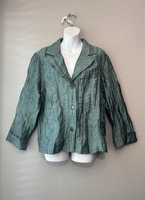 Citron Santa Monica Linen Blend Crinkle Shirt Jacket Blazer XL Turquoise Aqua