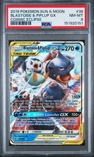 2019 Pokémon TCG Blastoise & Piplup Cosmic Eclipse #38/236 GX Tag Team NM PSA 8