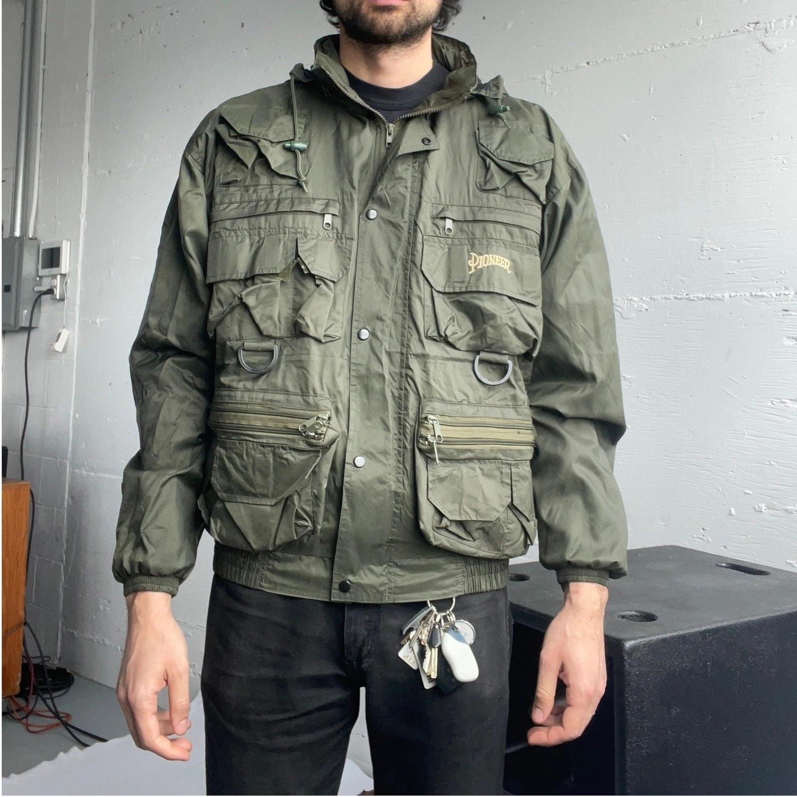 Pioneer Fishing Utility Jacket Mens Medium Green Multi-Pocket Gorpcore DS270