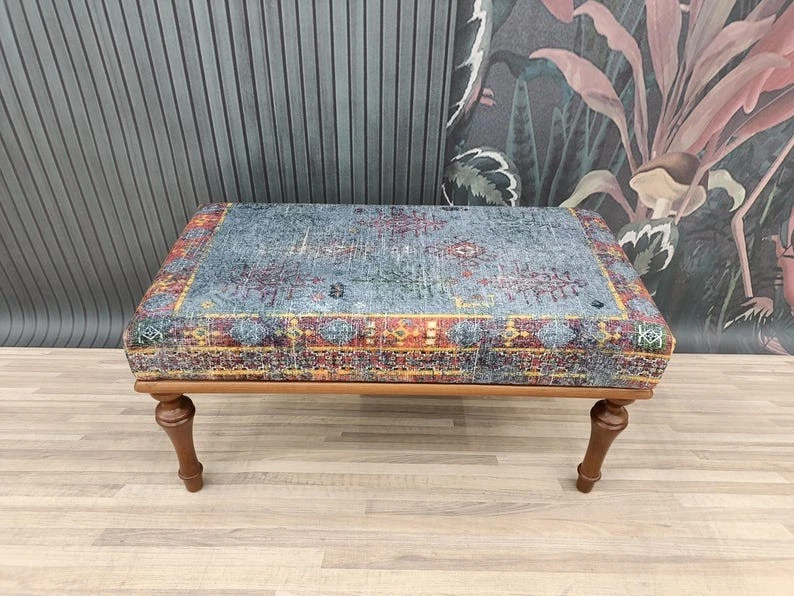 Handmade Ottoman Bench Turkish Rug Upholstery Boho Seat Entryway Furniture - Image 3 of 4