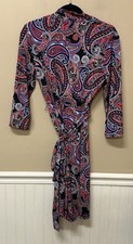 Liz Claiborne Faux Wrap Dress Size M Black Coral Blue Paisley 3/4 Sleeve Stretch
