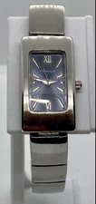 CLAREMONT Ladies Watch New Battery Rectangular Silver Chunky 7” Band Blue Dial