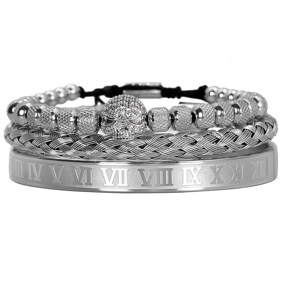 3Pcs/set Stainless Steel Micro Pave CZ Bracelets Skull Roman Numeral Bracelets - Image 2 of 4