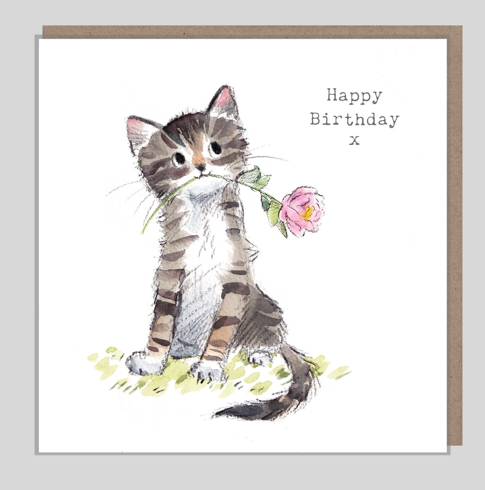 Cat Birthday Card – Cute Grey Cat and Pink Flower Illustrated Greeting Card
