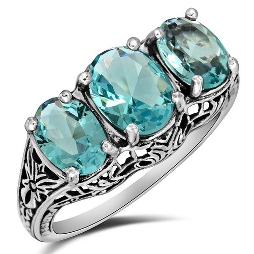 2CT Natural Aquamarine 925 Solid Sterling Silver Filigree Ring Sz 8 XB3