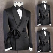 Men Suit with Belt Double Breasted Slim Fit Formal Prom Shawl Lapel Tuxedos Prom