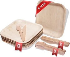 50 Bamboo Plates, 50 Forks & Knives Disposable 8" Eco Friendly, Biodegradable