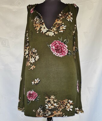 AUTHENTIC DESIGUAL FLORAL ART ROSES GREEN PINK WOMENS TUNIC BLOUSE US 12 EU 40 L