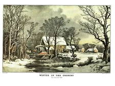 1952 Currier and Ives Lithograph - Winter in the Country. The Old Grist Mill