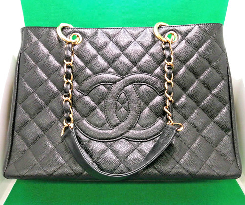 CHANEL Quilted Matelasse Caviar Skin GST Chain Tote Bag Black Gold Authentic