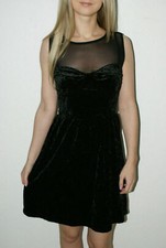 RRP £38 Topshop black velvet mesh skater dress velour A4