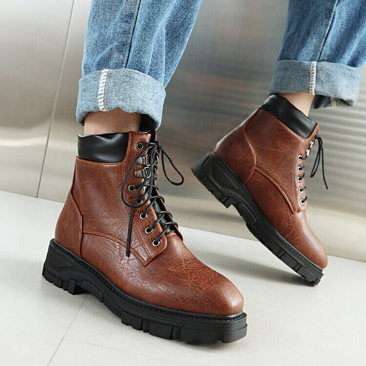 Punk Combat Boots Women Round Toe Lace Up Riding Ankle Boots Outdoor Hiking Boot-image