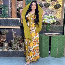 Dubai Floral Abaya Kaftan Maxi Dress Muslim Women Casual Islamic Robe Scarf New