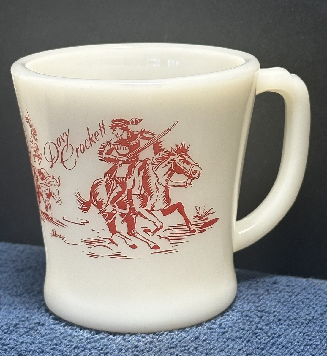 Vintage FIRE-KING DAVY CROCKETT MilkGlass MUG Red Print HORSES