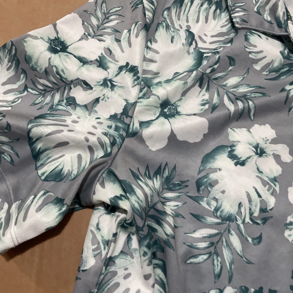 XL Men's TEK GEAR Vintage Grey Floral Polyester Hawaiian Polo Monstera Leaf AOP - Image 3 of 4