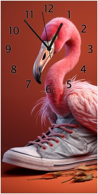 Wallario Wanduhr Flamingo Sneaker rosa Vogel flauschig Gefieder Schuh weich