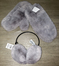 NEW SUPER SOFT PLUSH MITTENS EARMUFFS SET gray ONE SIZE FITS MOST nice gift idea