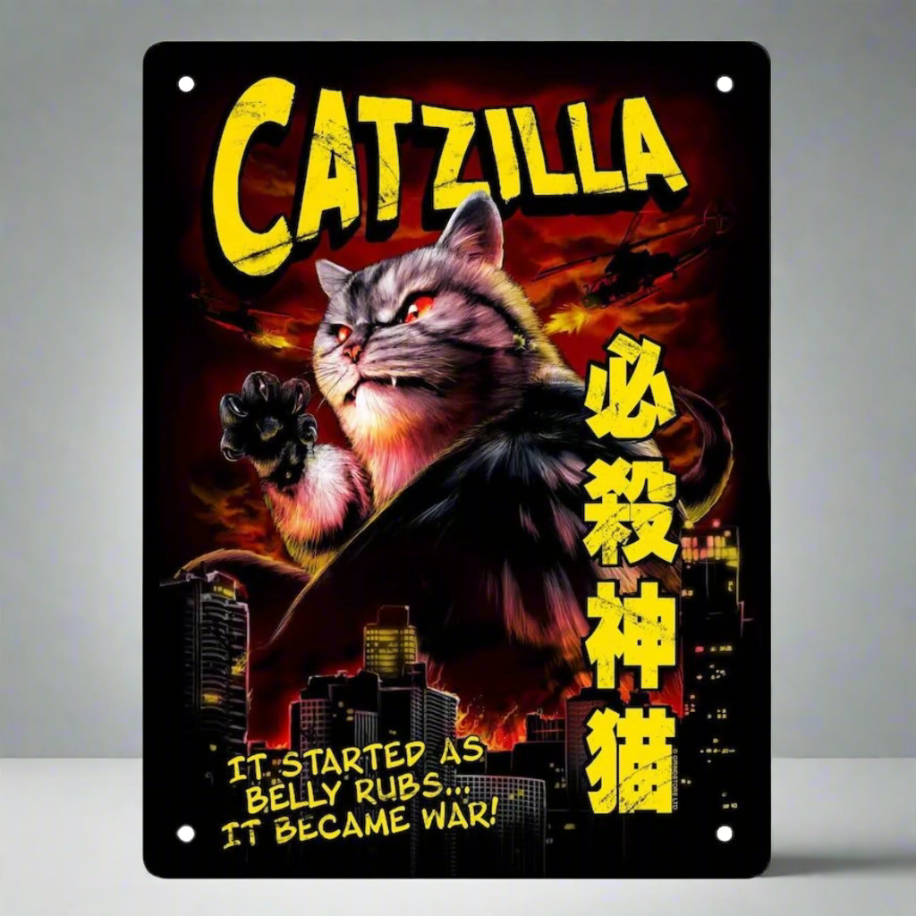 Metal Hanging Plaque Cat Sign Catzilla Cat Lovers Retro Film Godzilla Novelty