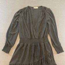 Michael Michael Kors Black Smocked Waist Ruffle Mini Dress Long Sleeve V-Neck
