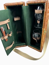 Picnic Time Wicker Wine Picnic Basket Brown Canvas Straps Insulated Vintage