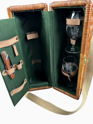 Picnic Time Wicker Wine Picnic Basket Brown Canvas Straps Insulated Vintage
