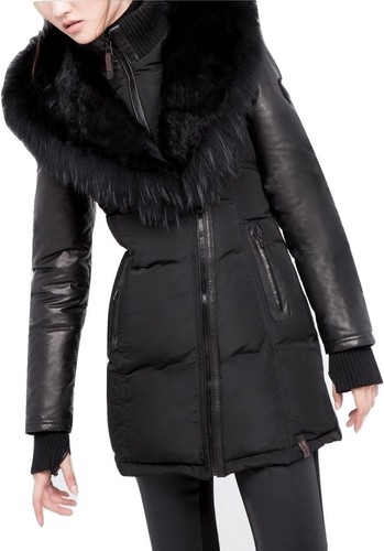 RUDSAK WOMENS MELINA DOWN COAT WITH LEATHER SLEEVES IN BLACK 100% AUTHENTIC LRG