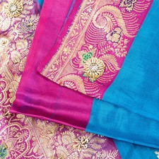Sanskriti Vintage Blue-Pink Pure Satin Sarees Banarasi Brocade Hand Beaded 5 Yd