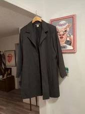 Herman Geist Open Front 100% Wool Long Duster Blazer Charcoal Gray Sz 16