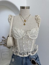 Ivory Mesh lace Corset Floral Embroidered Ruffle Top M