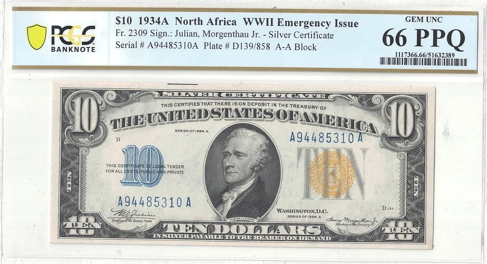 1934-A $10 North Africa Fr-2309 PCGS Gem CU-66 PPQ - Image 2 of 3