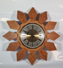 Vintage Anstey & Wilson Retro / Mid Century Teak  Sunburst Foliate Clock Working