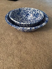 blue and white enamelware set of 2 bowls