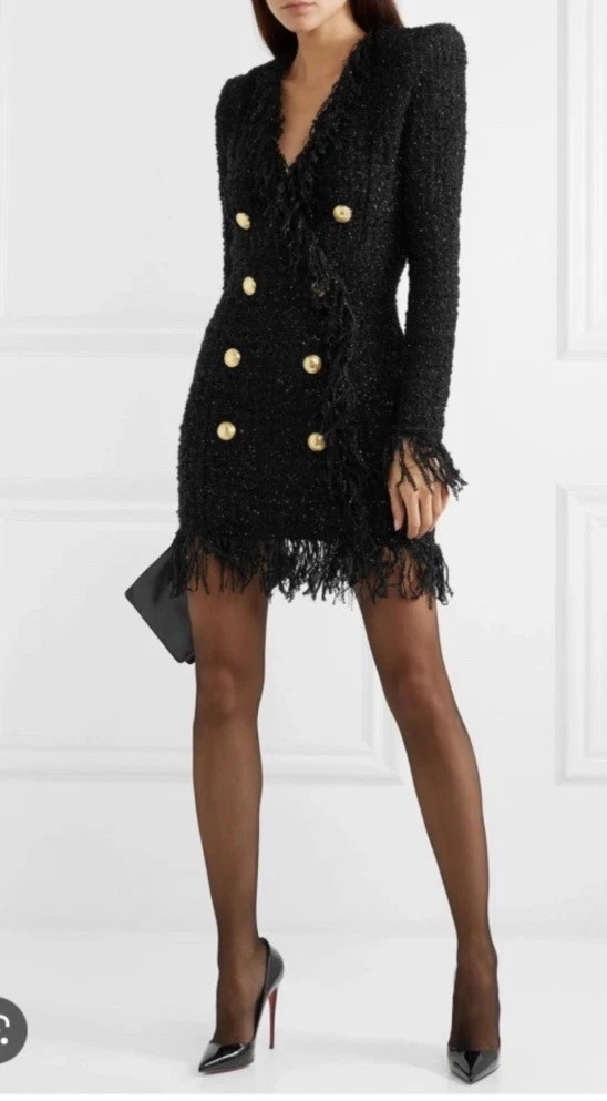 Balmain — Balmain Black  Mini  Dress w/ Gold Buttons Wool/lurex Sz40 US 8-10 NWOT FRANCE