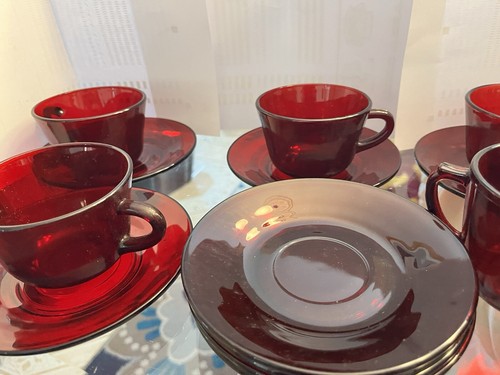 Vintage Royal Ruby Red Glass Cups and Saucer S Anchor Hocking Cream Sugar - Picture 4 of 14