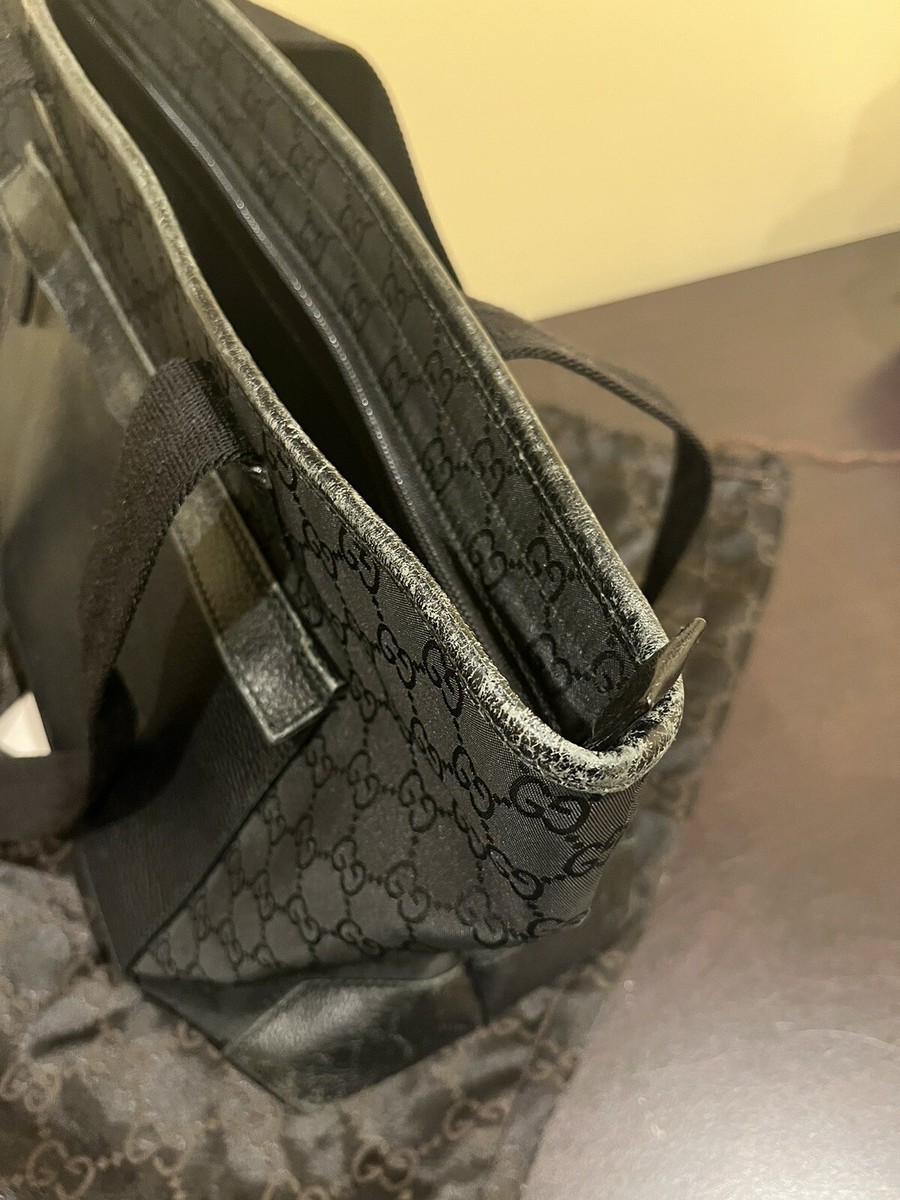 Gucci Black Nylon & Leather Tote Bag Purse With Zipper GG Monogram