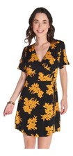 All In Favor Women's Short Sleeve Wrap Dress In Orange Black Floral Print Size S