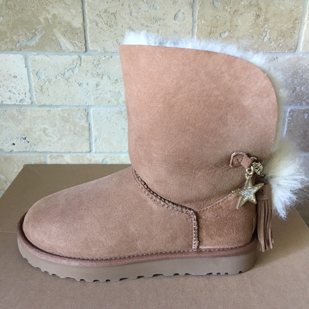 UGG Classic Charm Star Bling Pom Chestnut Suede Short Mini Boots