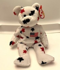 1998 Ty Beanie Baby Glory the Bear #4188 Patriotic White w/ Red & Blue Stars