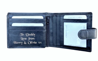 Mens Personalised Engraved Black Leather Wallet Christmas Gift Present Dad Daddy