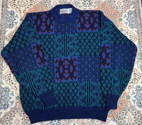 Vintage 90s Art Abstract Pattern Chunky Knit Baggy Grandpa Sweater Mens XL retro