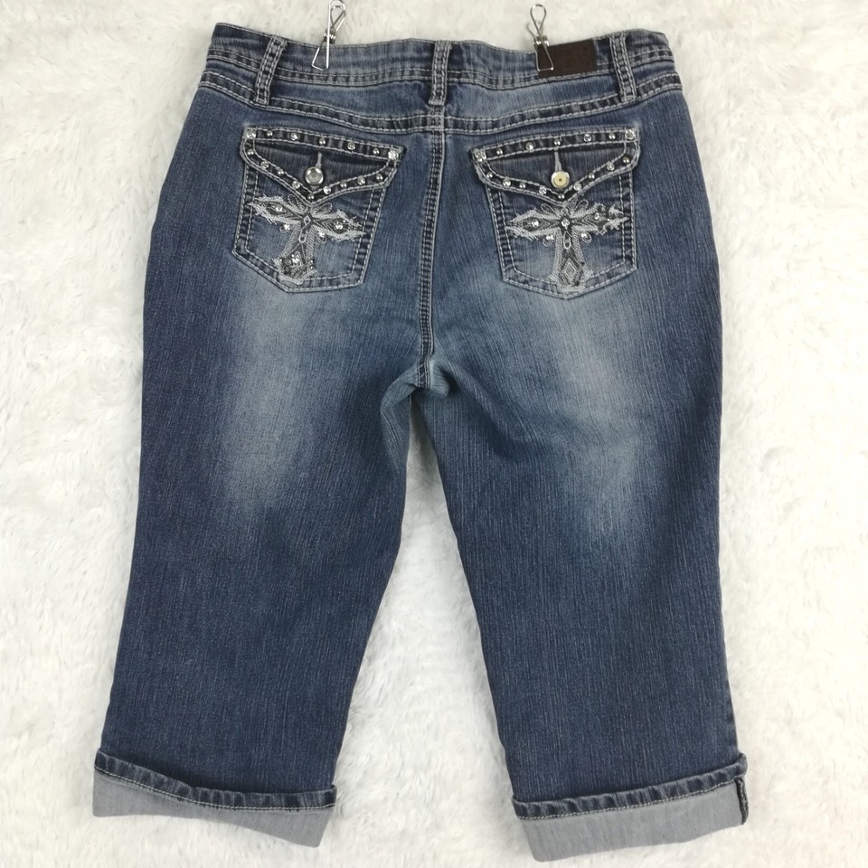 Earl Jean Womens Jeans Capri Cuffed Denim Blue Jeweled Flap Pocket