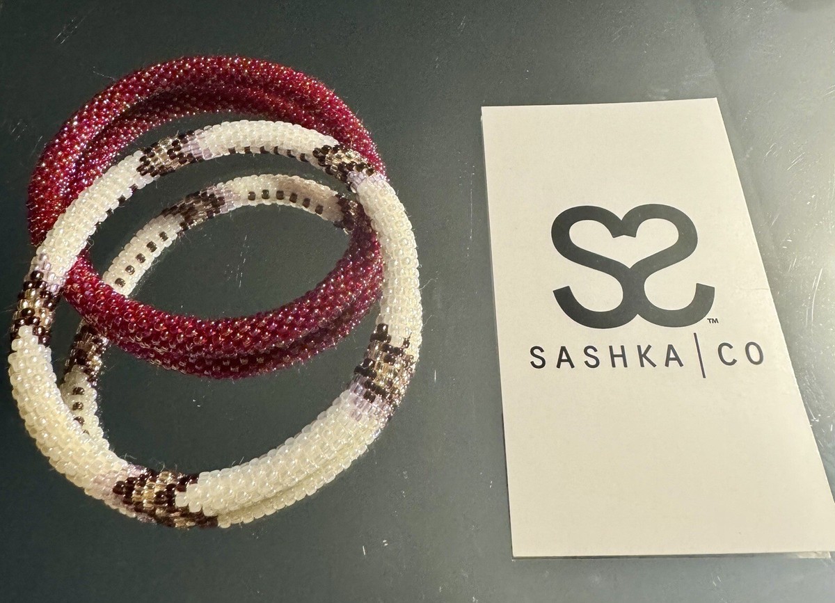 Sashka Bracelets Hand-Crocheted Bead-by-Bead Burgundy White